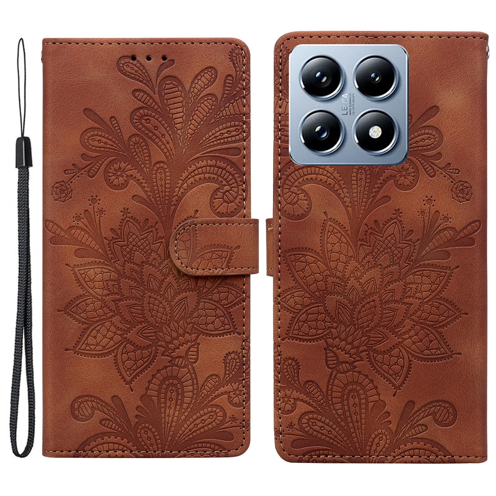 

For Xiaomi 14T Pro Case Imprinted Lace Flowers PU Leather Wallet Phone Cover Brown