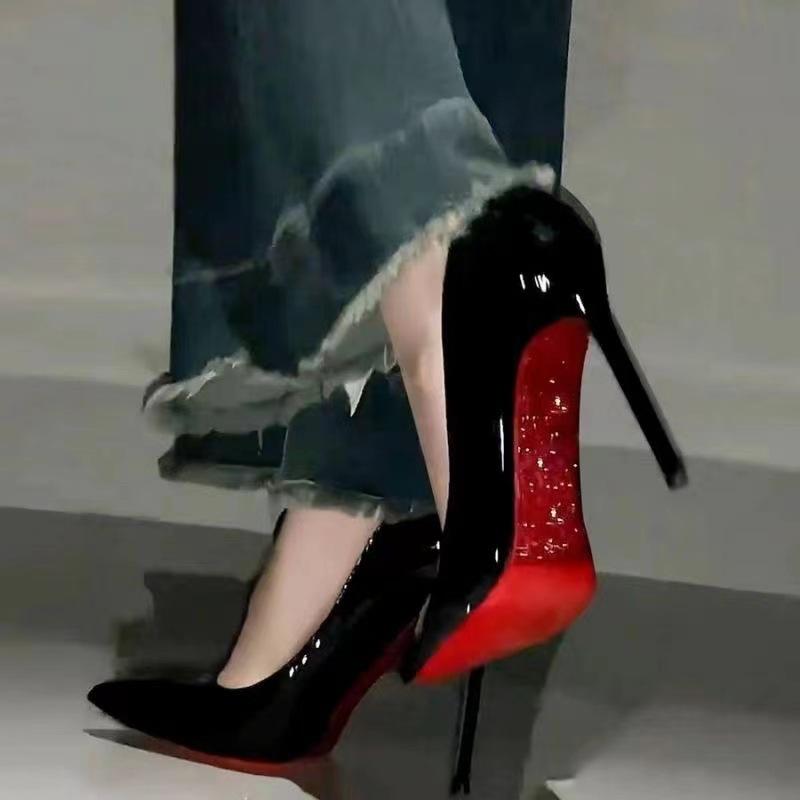 Red-soled high-heeled shoes women's new black sexy professional patent leather pointed single shoes stiletto women's shoes