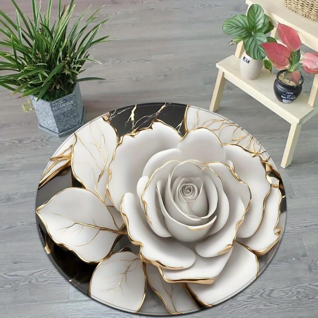 ~O~White Rose Round Floor Mat for Bedroom & Living Room – Elegant Indoor Decor Accent