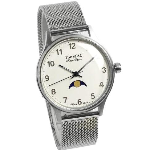 

The STAC Japanese-made 36mm Antique Retro Wristwatch for Men and Women, Moon Phase Arabic with White Mesh, ST-MF001