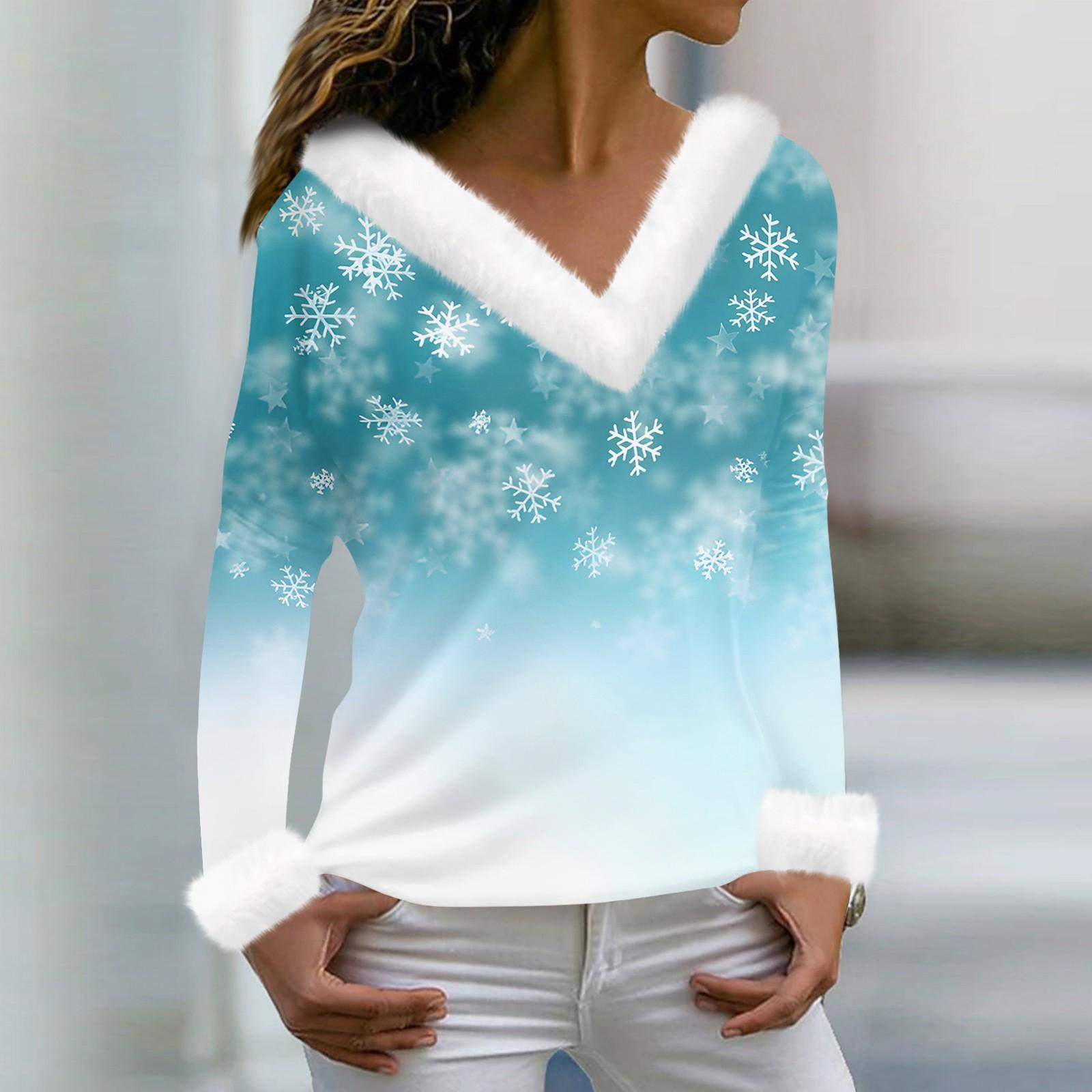 

Женская мода повседневная плюшевая кофта с длинным рукавом и V-образным вырезом с рождественским принтом L небесно-голубой