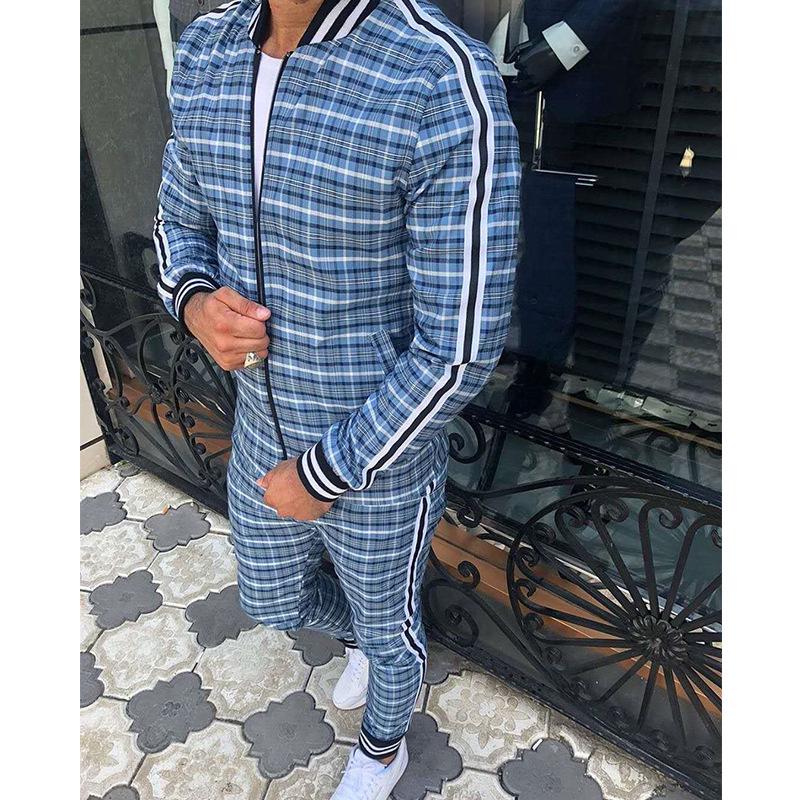 Autumn Men's Casual Plaid Sport Suit: Zip-Up Jacket & Long Pants Two-Piece Set