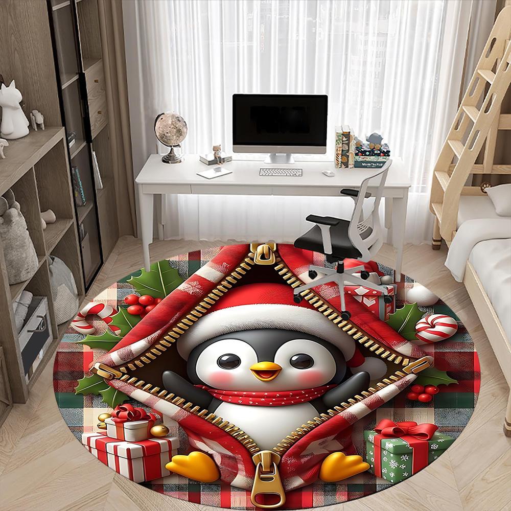 1PC Penguin Christmas Office Round Area Rug, Mat Suitable For Office, Under Office Chairs Bedroom Living Room Home Decor, Room Deco