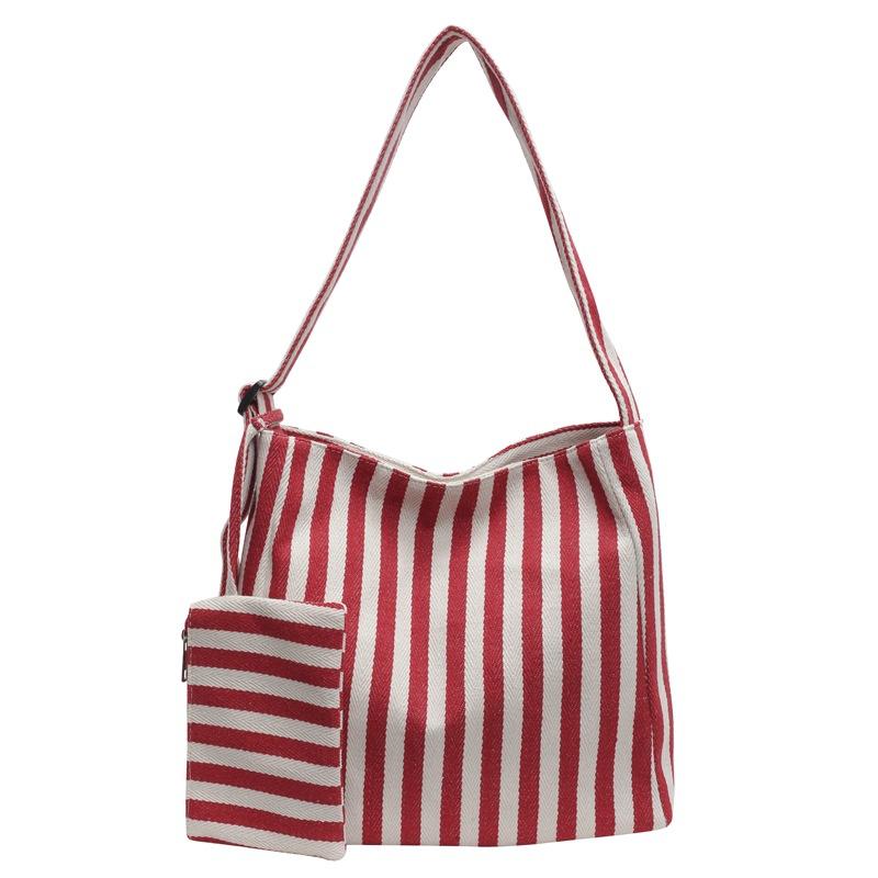 Retro literary handbag simple small fresh striped shoulder bag casual fashion large capacity shopping bag