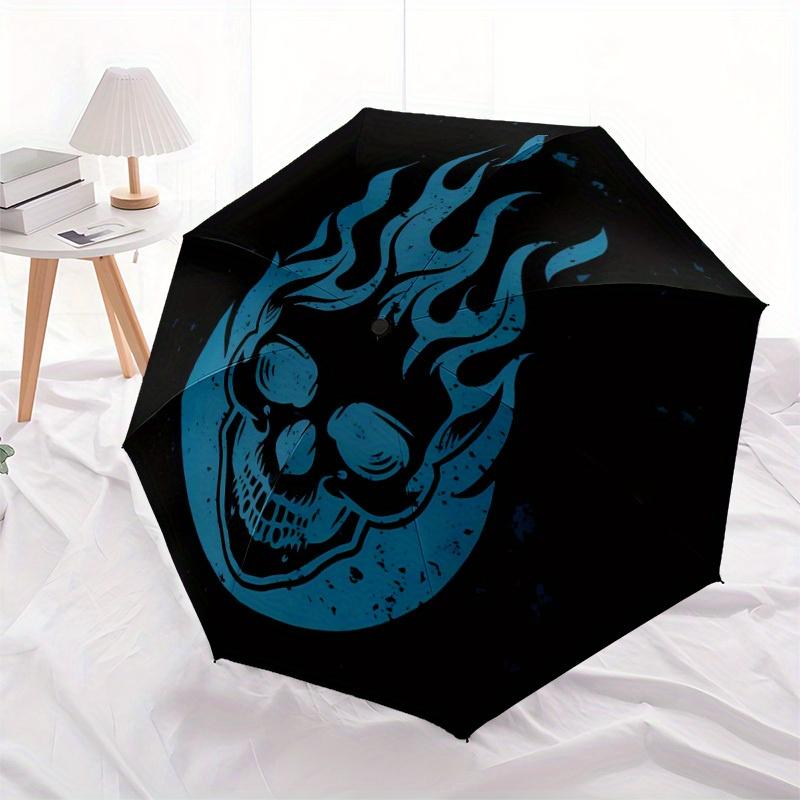 1pc Flame Skull Automatic Open/close Folding Compact Umbrella, 8-Rib Sturdy Canopy, Lightweight Portable, Everyday Use, Gift,040