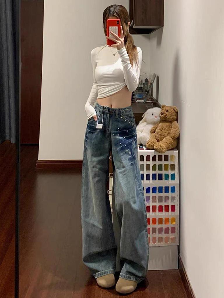 Women's High-Waisted Washed Rivet Wide-Leg Jeans - Autumn/Winter Floor-Length, Comfortable, Versatile, Slimming Straight Pants