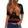 Women Casual V Neck Button Front Halloween Print T Shirt Top Three Quarter Sleeve Lightweight Soft Fabric Relaxed Fit