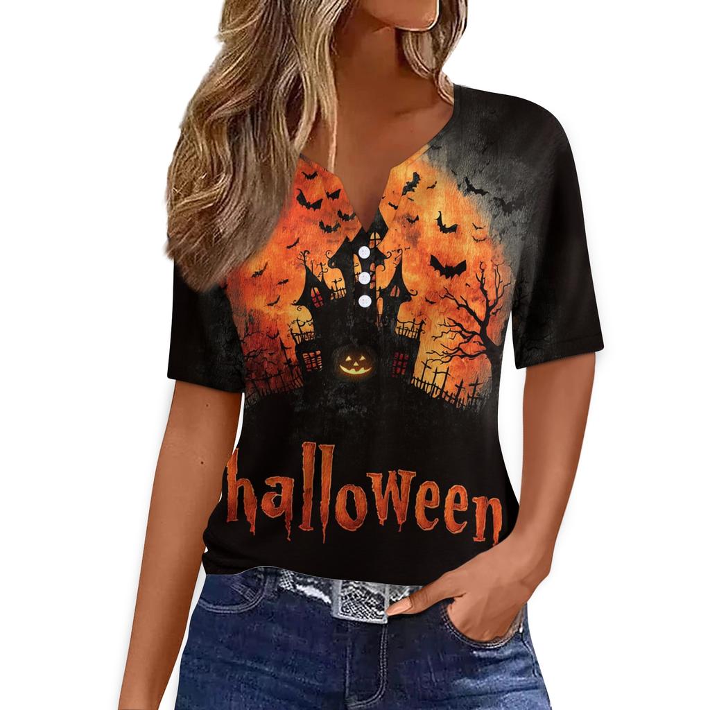 Women Casual V Neck Button Front Halloween Print T Shirt Top Three Quarter Sleeve Lightweight Soft Fabric Relaxed Fit