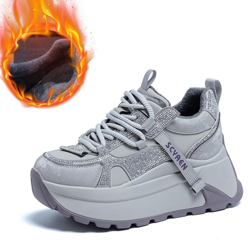 8cm Chunky Sneakers Platform Heel Women Casual Shoes Genuine Leather Comfortable Walking Shoes Warm Fur Winter Shoes