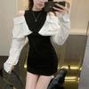 Autumn new design sense niche light and familiar sexy off-the-shoulder fashion color matching waist-wrapped hip long-sleeved dress