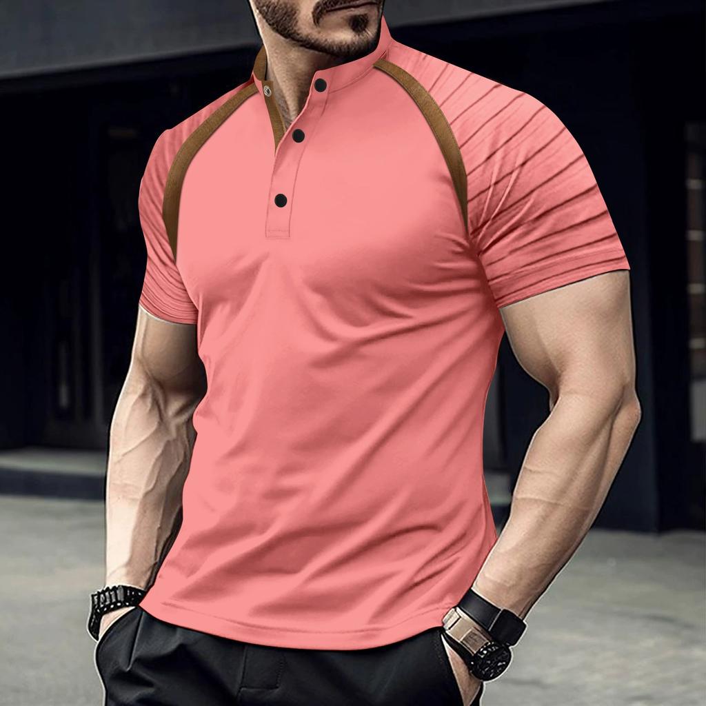 Summer Solid Color Short-sleeved Patchwork Casual Vintage Men's Stand-up Collar Polo Shirt