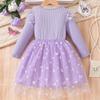 Fioletowa siateczkowa sukienka z długim rękawem dla dziewczynek Wiosna/Jesień Moda dziecięca Długa sukienka księżniczki