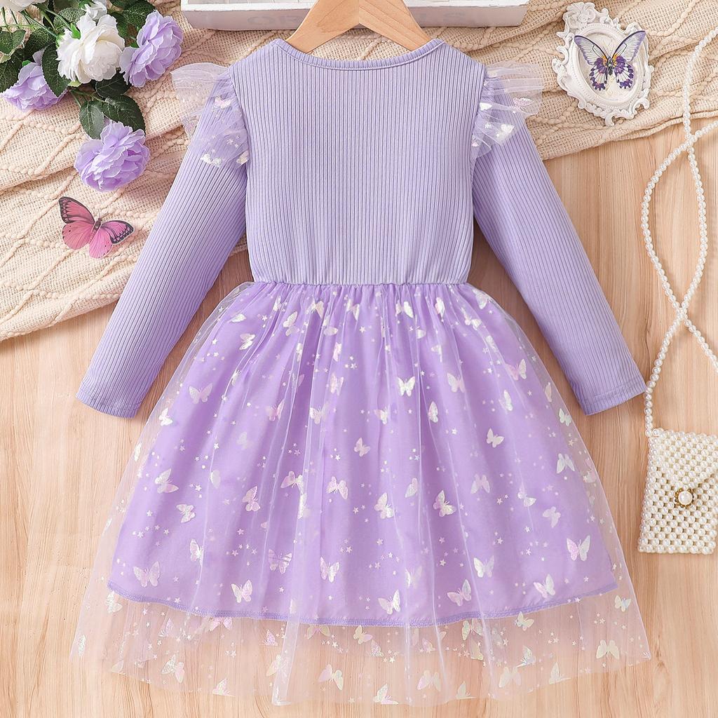 Fioletowa siateczkowa sukienka z długim rękawem dla dziewczynek Wiosna/Jesień Moda dziecięca Długa sukienka księżniczki
