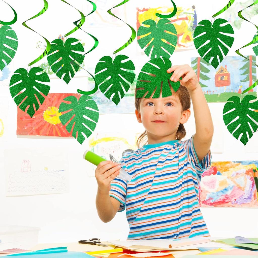 32 Pcs Hawaiian Luau Party Palm Leaves Swirl Decorations Hanging Ceiling Green Decoration Tropical Party for Summer Baby Shower Birthday Supplies
