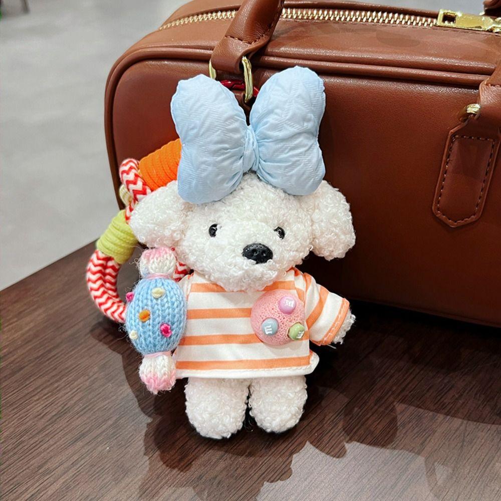 Striped Top Plush Puppy Pendant Stuffed Fluffy Car Key Ring Trend Bag Charm  Bag Pendant