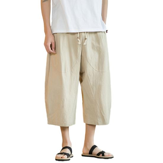 Men Summer Pants Drawstring Elastic Waist Solid Color Mid-calf Length Pockets Daily Wear Wide Leg Plus Size Men Summer Trousers Men Clothes