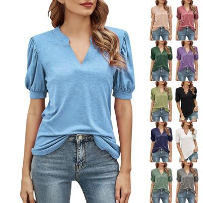 Women's Fashion Loose Solid Color Casual Puff Sleeve V-Neck T-Shirt Short Sleeve Top