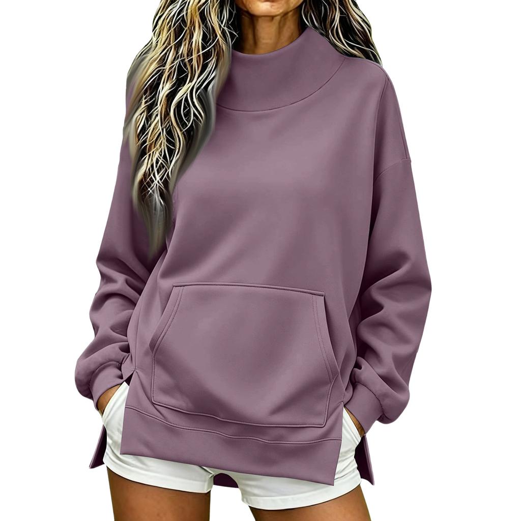 Women's High Neck Side Slit Sweatshirt Lightweight Loose Fit Long Sleeve Pullover for Fall
