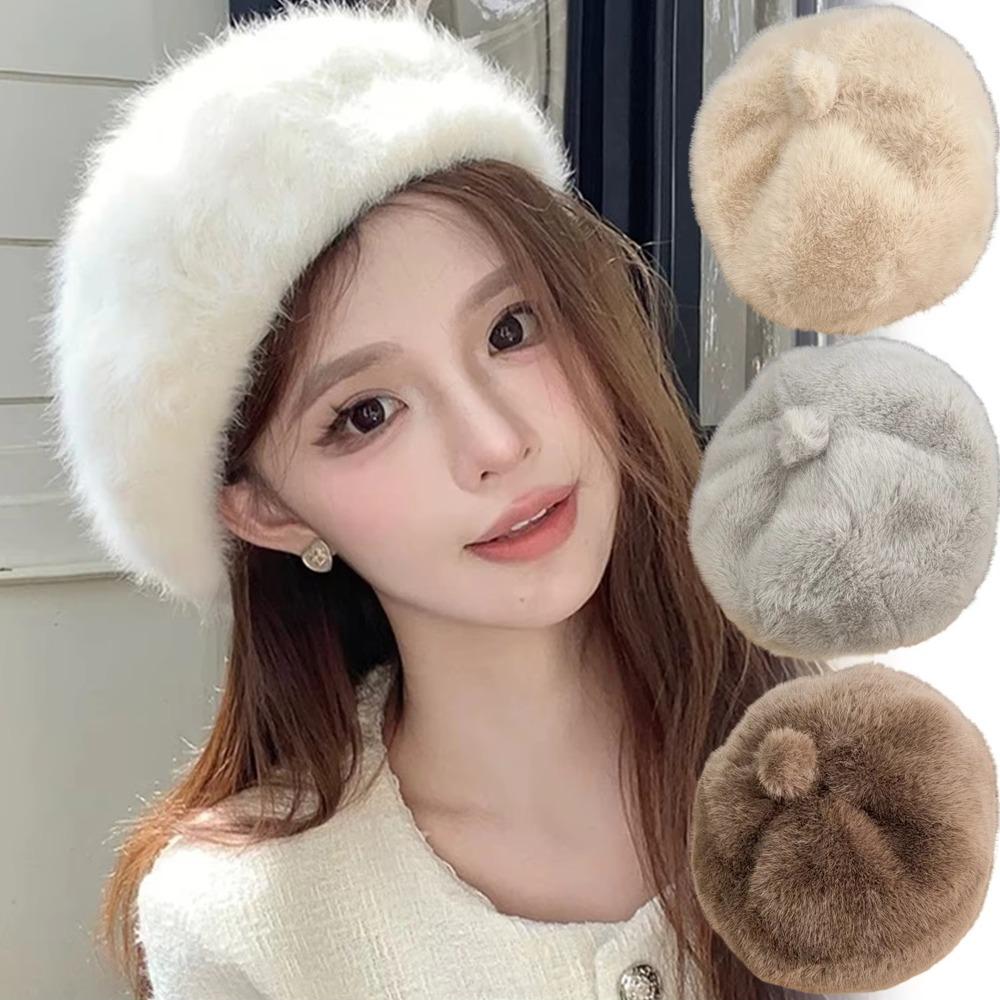 Leopard Print Painter Beret Hat Solid Color Fluffy Plush Beret New Octagonal Beanie Cap Women Girl