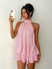 Abito da Donna Corto a Svasatura in Chiffon Casual Senza Maniche ad Collo Alto Mini Abiti da Festa