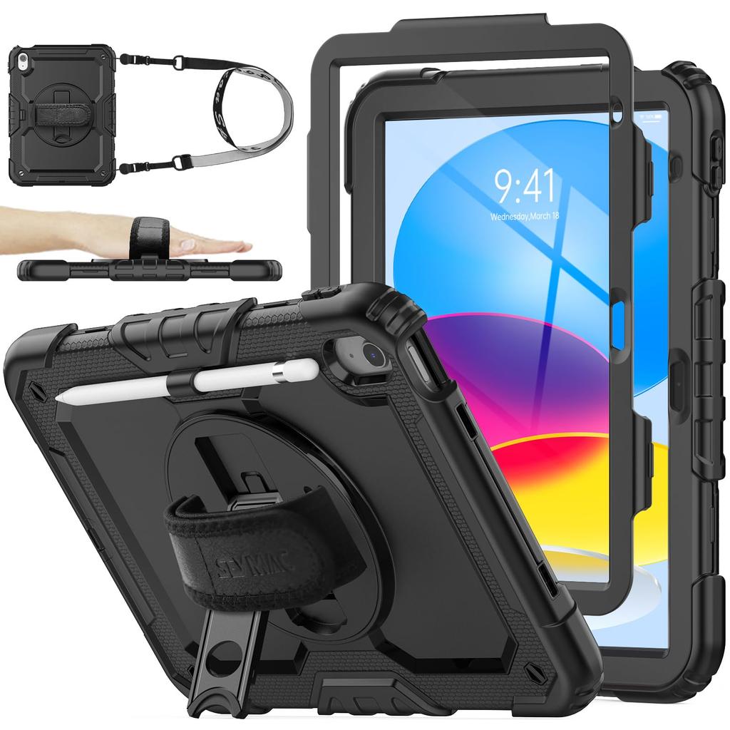 SEYMAC Stock iPad Generation Dedicated Pen Front Cover with Screen Rotating Hand Shoulder Strap (A16) 11th/10th Case, Shockproof, Holder, Protector,