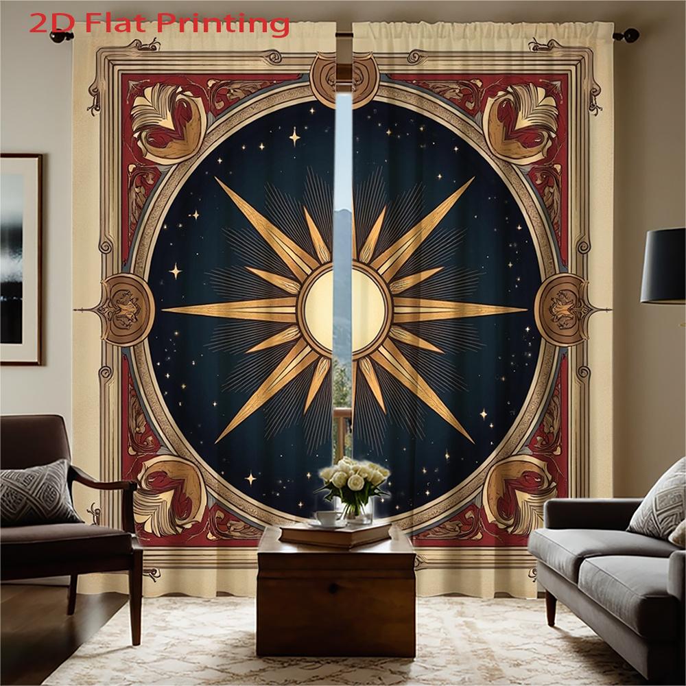 Set Of 2 Flat Printed Curtains Medieval Style Star Compass Pattern Dark Blue Red Golden Starry Sky Design Curtain Polyester