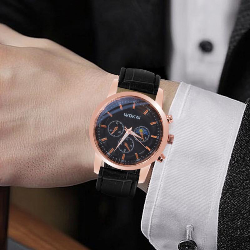 Wokai Business Mens Watch With Pu Strap Quartz Movement For Formal Wear