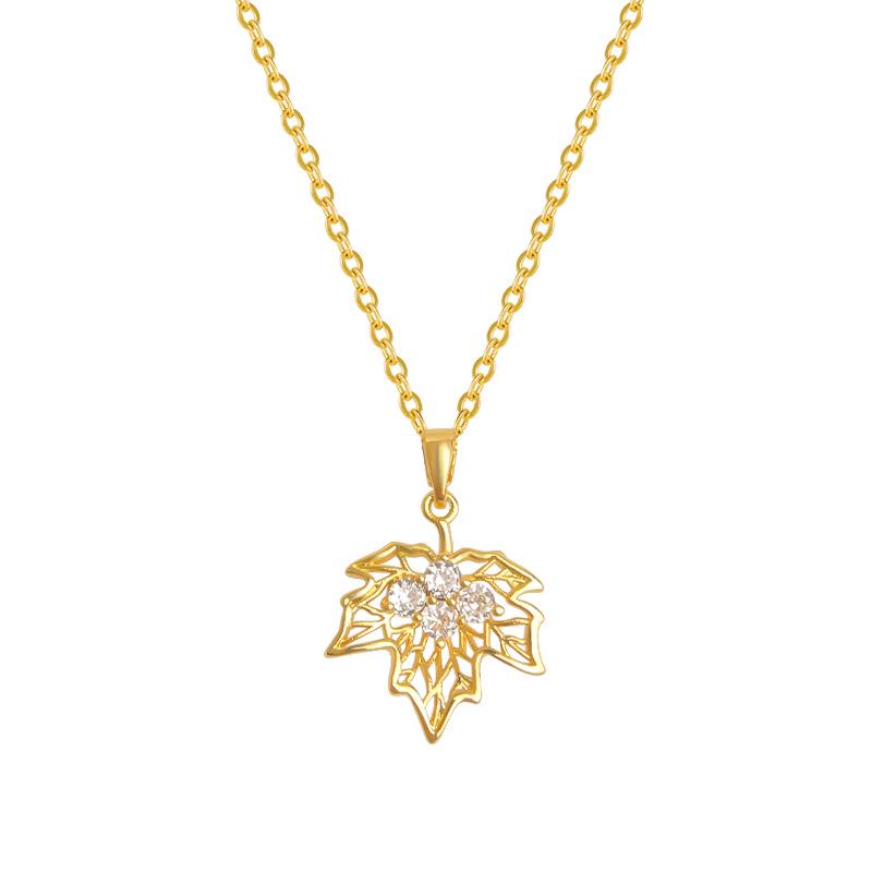 Elegant 18k Gold Filigree Maple Leaf Necklace with Zircon Details – Light Luxury Sweater Chain