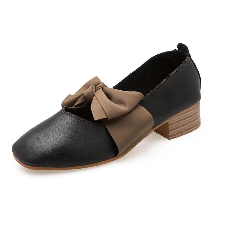 

Модные весенние туфли Мэри Джейн с квадратным носком, женские туфли с бантом из мягкой кожи, неглубокие, на толстом каблуке, повседневные туфли, универсальные женские туфли на высоком каблуке для платья 40 чёрный