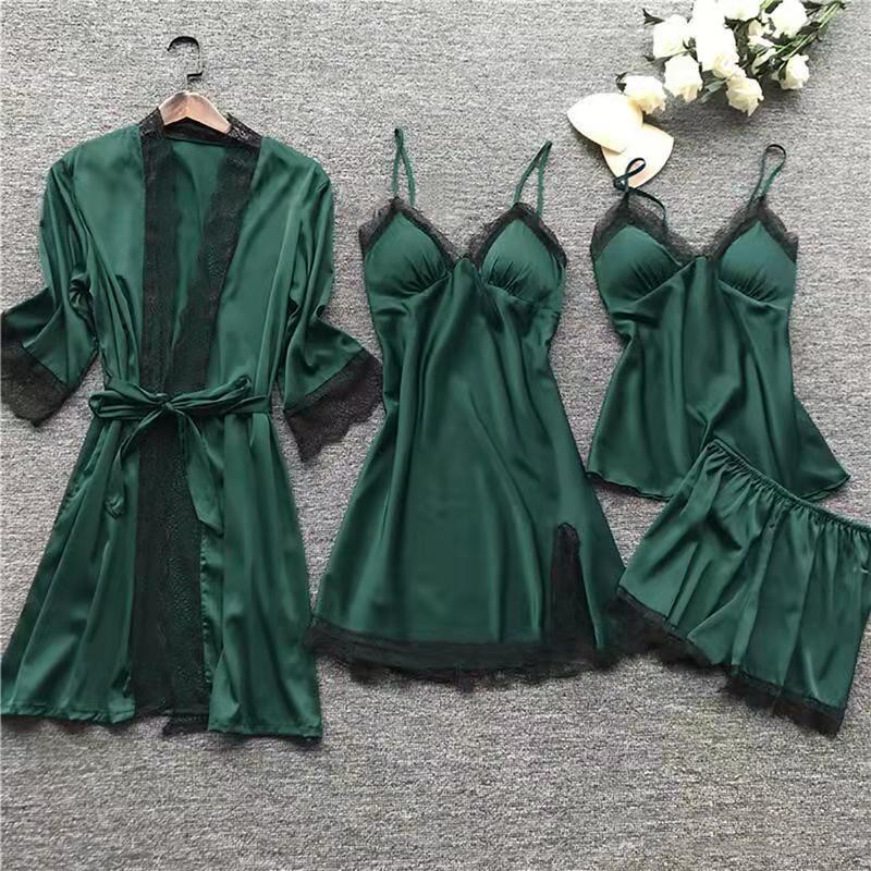 Plus Size Women's Summer Lace Pajama Set with Bra Pads - 4-Piece
