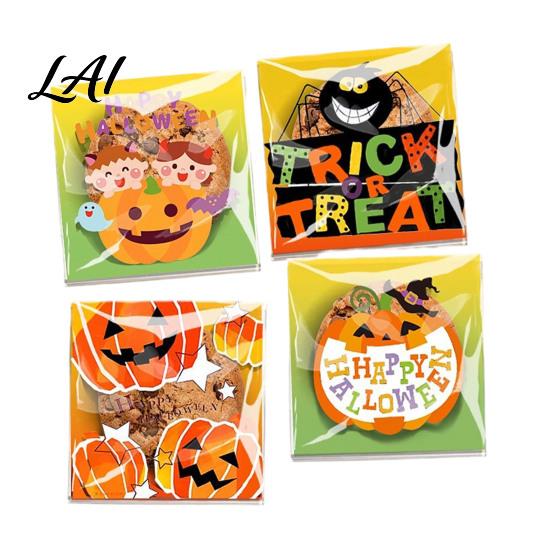 Self Adhesive Treat Bags 100 Pcs Small Halloween Bags Seal Clear Candy Dessert Snack Cookie Trick or Party Favors for Holiday Cute Cartoon Pouches