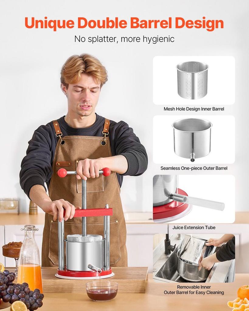 Pressa Manuale per Vino di Frutta per la Vinificazione 0,44 Gal/1,65L Acciaio Inossidabile