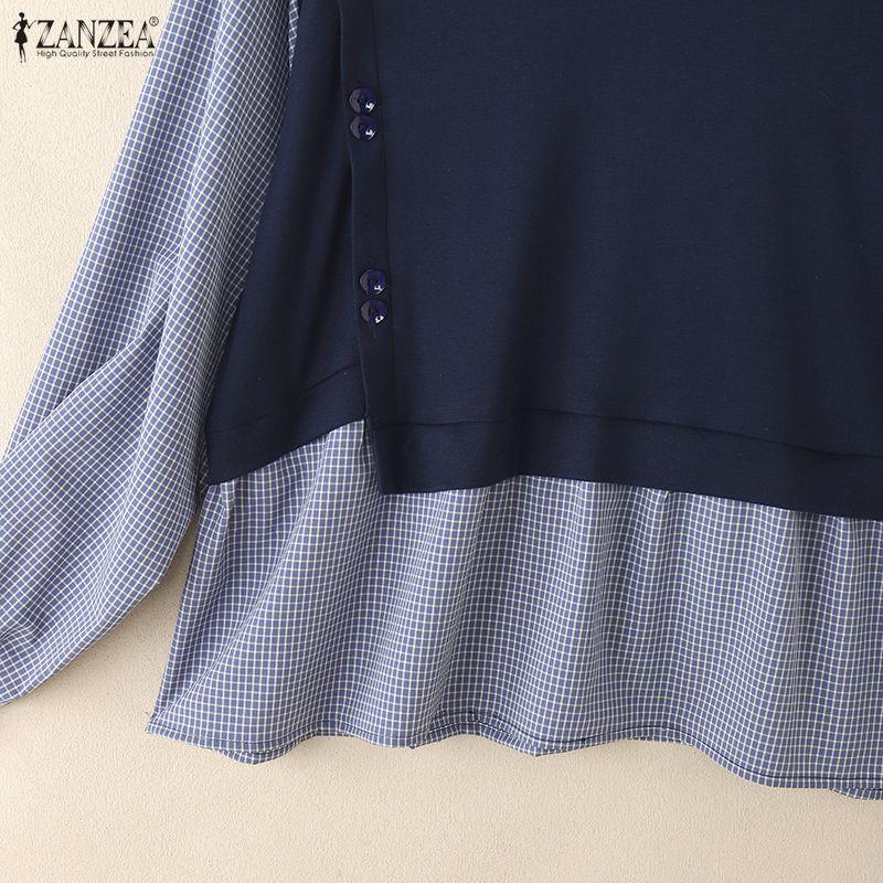 ZANZEA Womens Autumn Plaid Print Long Sleeve Splice Casual Blouse