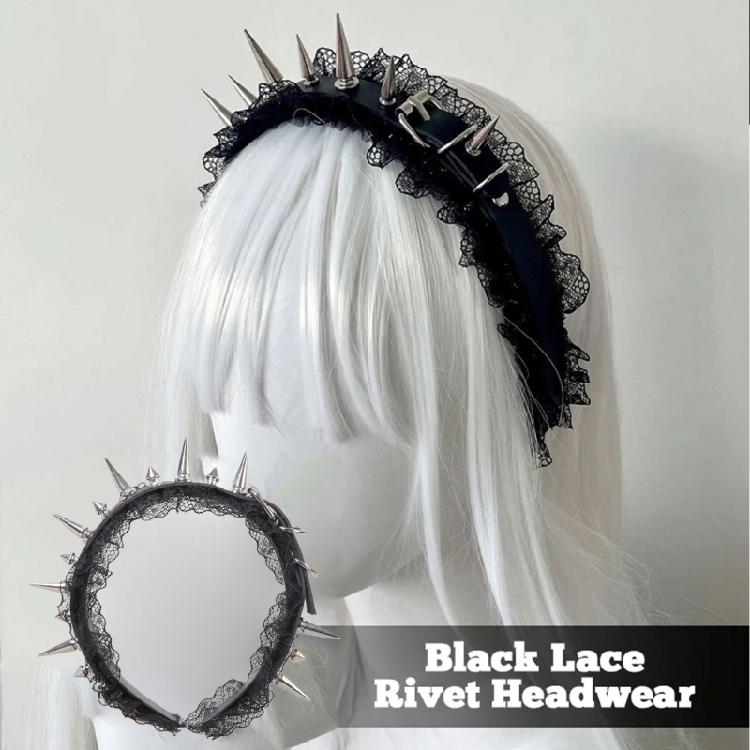 Stylish Punk Gothic Hairband Styling Accessory Hairhoop Rivet Studs Lace Trim Strong Hold Headwrap For Costume Event