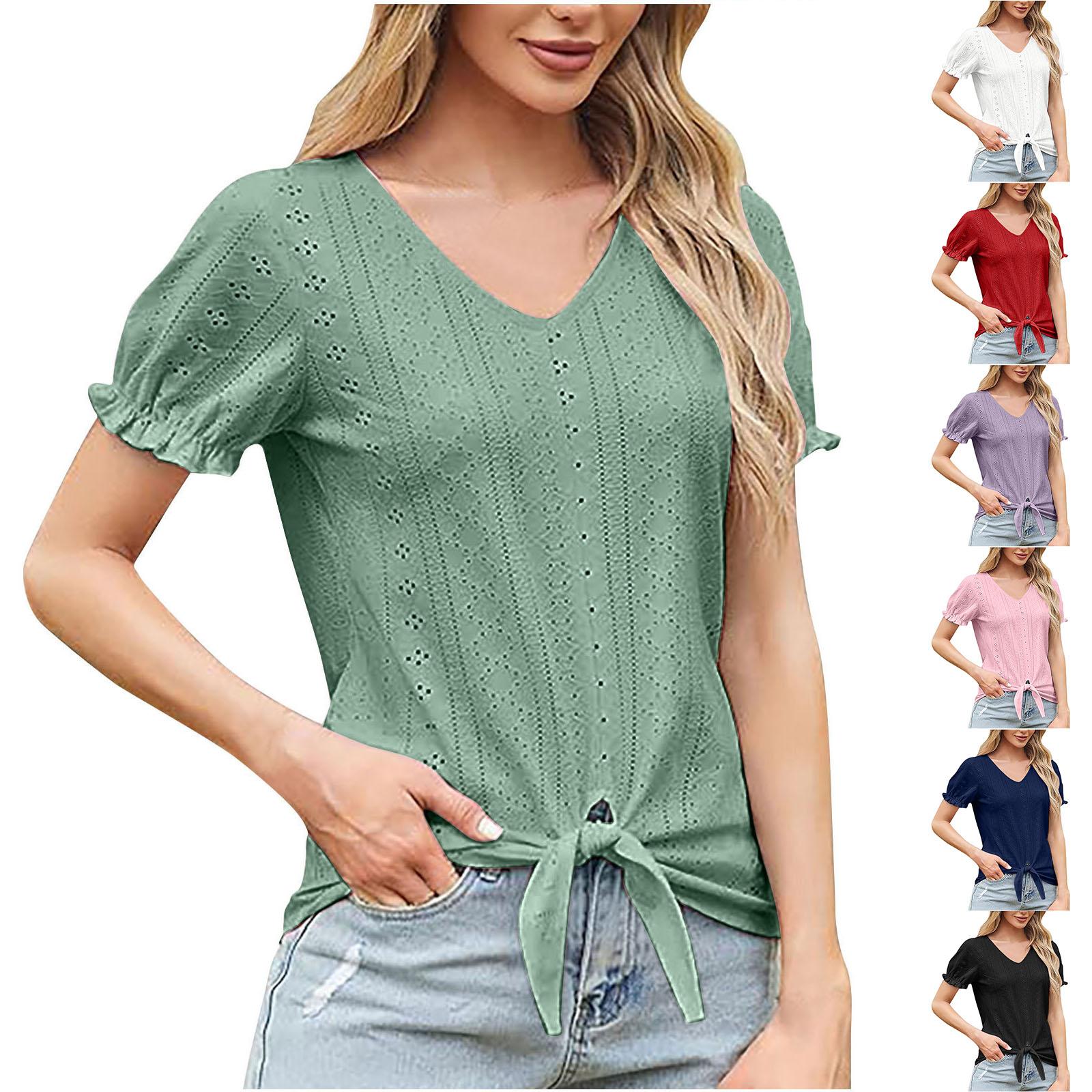 Women s Summer Casual Openwork Cute Short-Sleeve Top With Bow Tie M зелёный