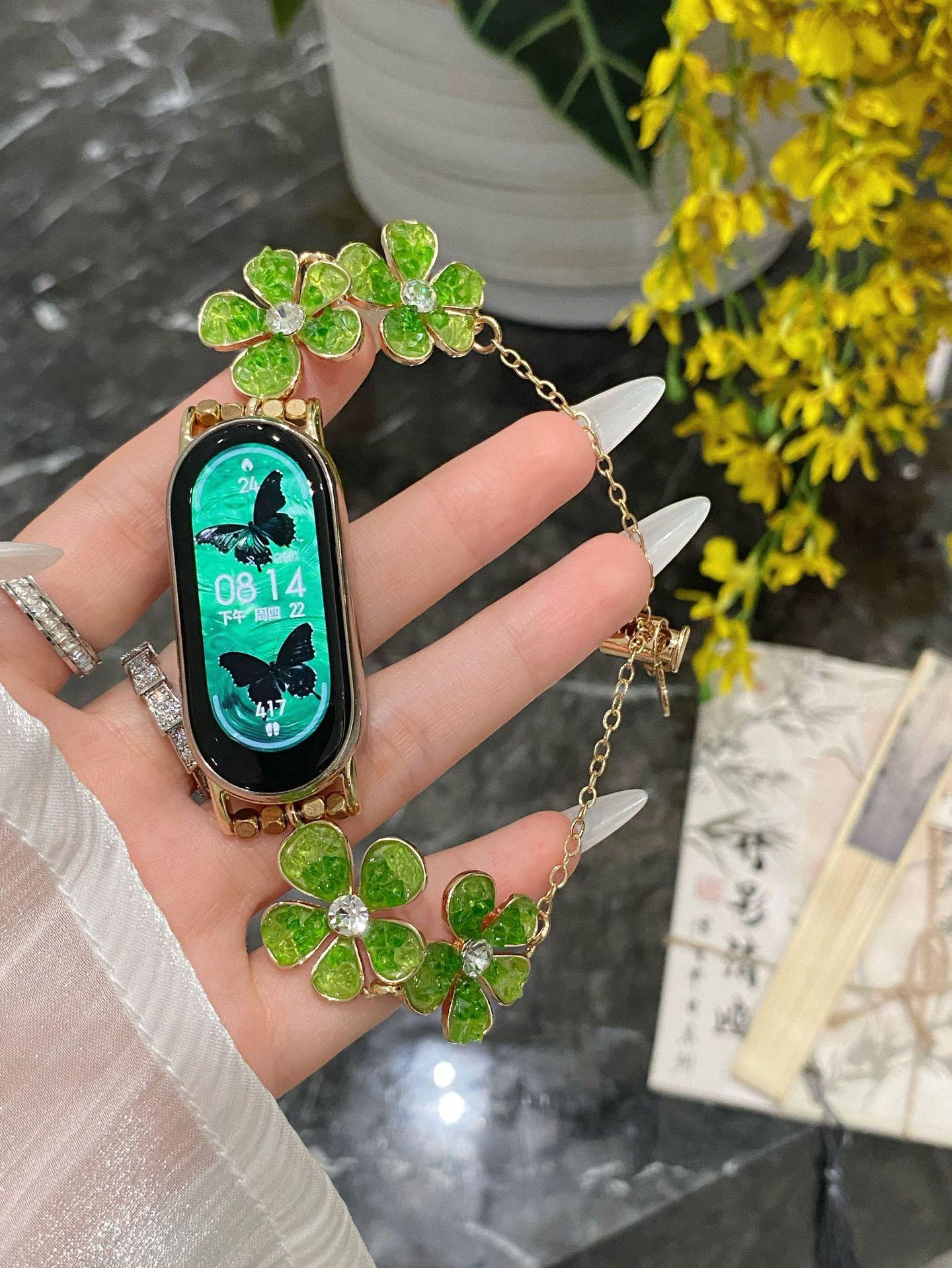 

Suitable for Xiaomi Mi Band 9/8 Wristband Mi 8Pro Gravel Flower Chain Gold Huawei GT4/5Pro Metal Strap applicable: huawei watch3pro new-48mm зелений