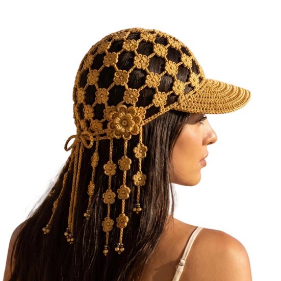 Breathable Summer Headwear Hand Crocheted Sunflower Baseball Cap, Bohemian Tassel Bell Hat, Handmade Knit Cutout Floral Spring Fashion Cap Beanie