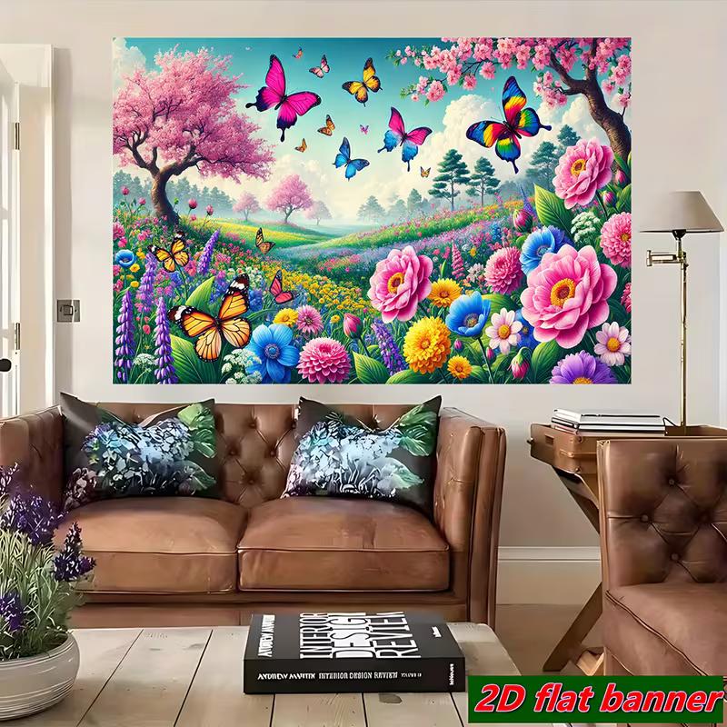 Fröhlicher Frühlingswiesen-Banner, Lebendige mehrfarbige Schmetterlinge und Blumen unter einem strahlend blauen Himmel, Verspielte Frühlings-Wandkunst