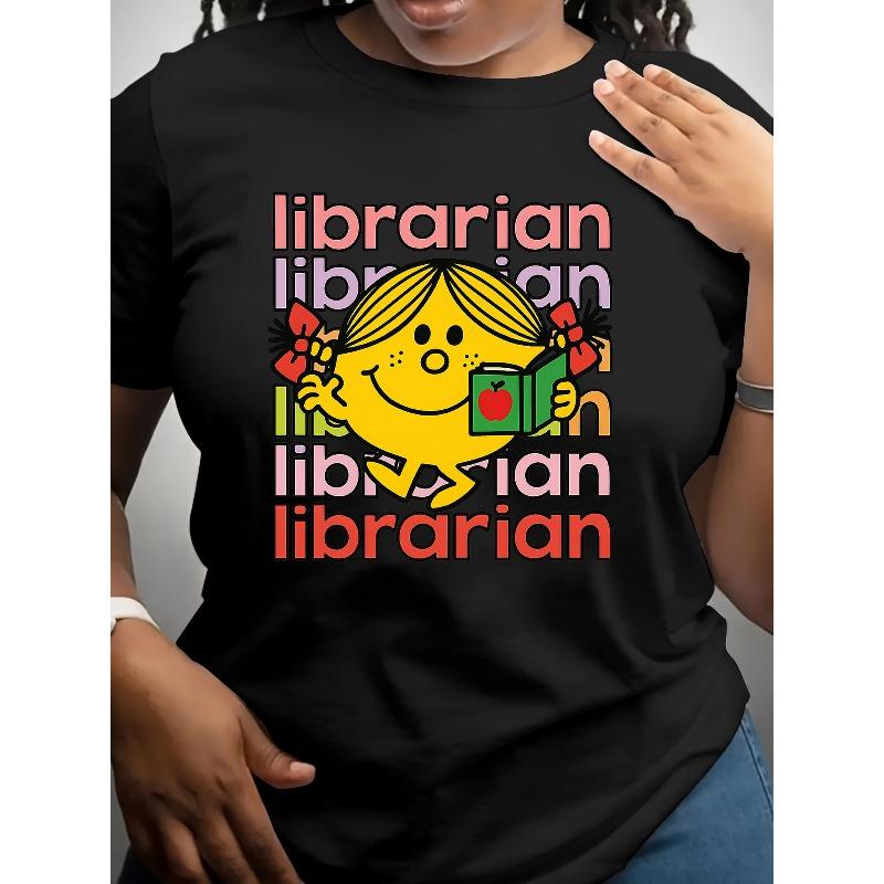 

European size Women s Little Miss Librarian Graphic T-Shirt - Playful Librarian Design with Books Apples, Soft Stretchy Fabric 4XL