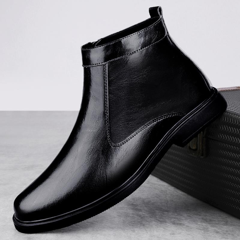 Genuine Leather Men Chelsea Boots New Men Winter Plush Snow Boots Soft Ankle Boots Formal Business High Top Shoes Man Warm Botas
