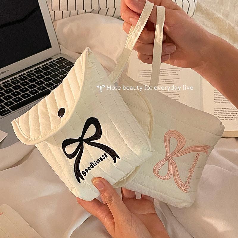 Large Capacity Embroidery Cosmetic Bag Menstruation Towel Storage Bowknot Bow Makeup Bag Small Item Bag Cotton Cloth