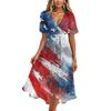 Women’s V Neck Short Sleeve Midi Dress with Abstract Flag Print High Waist Flowy Hem Casual Loose Fit Summer Dress