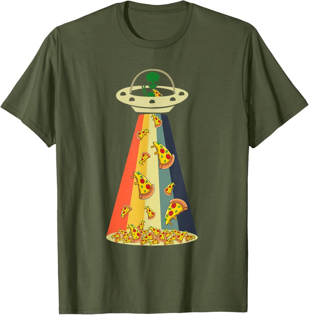 Pizza UFO Alien Abduction Graphic Retro Rainbow Light T-Shirt Funny Casual Cotton Tee