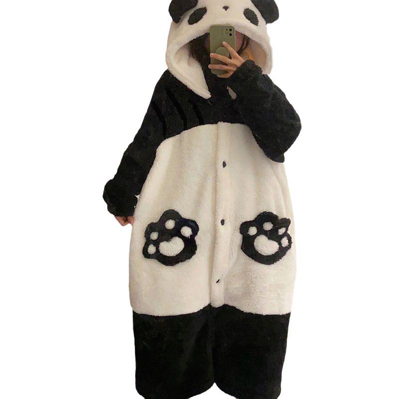 Damen Kapuzen-Panda-Pyjama - Herbst/Winter 2026 Korallenfleece, Verdickter Fleece-gefütterter Hausmantel