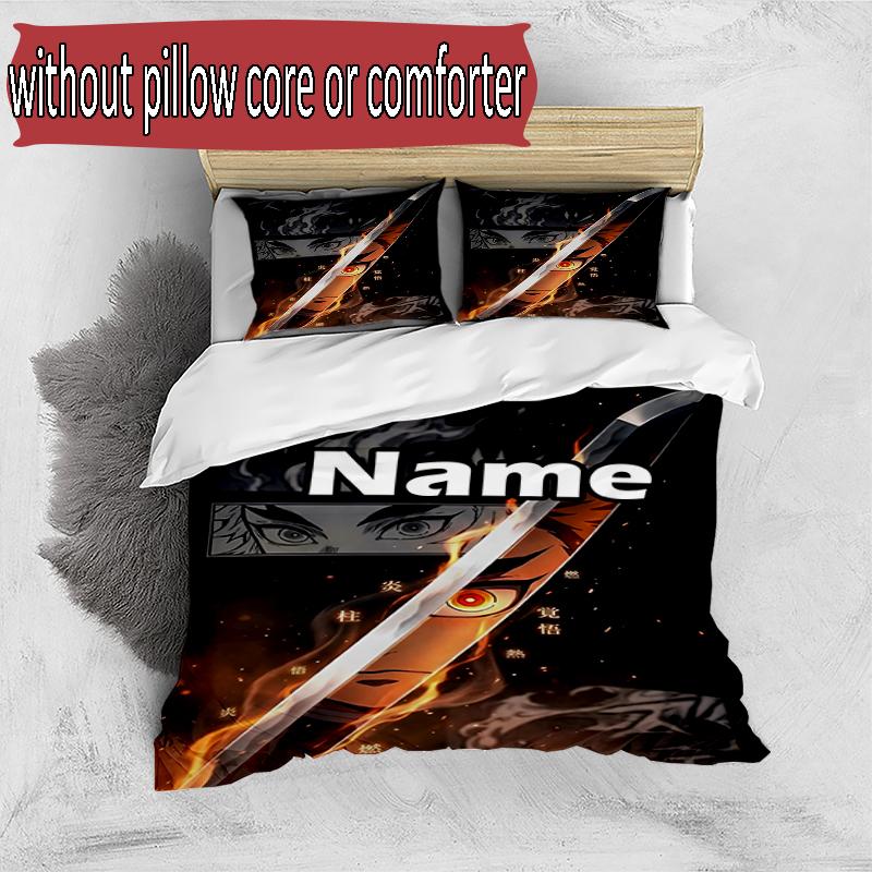 3pcs Duvet Cover Set (1*Duvet Cover + 2*Pillowcase, Without Core), Custom Name Demon Slayer Pattern Bedding Set, Home Bedroom Decor Gift