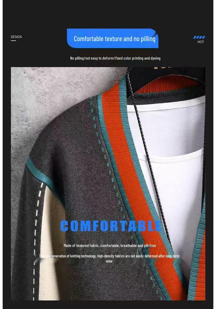 Men's Trendy Color Block V-neck Knit Cardigan - Korean Style Autumn/Winter Sweater Coat
