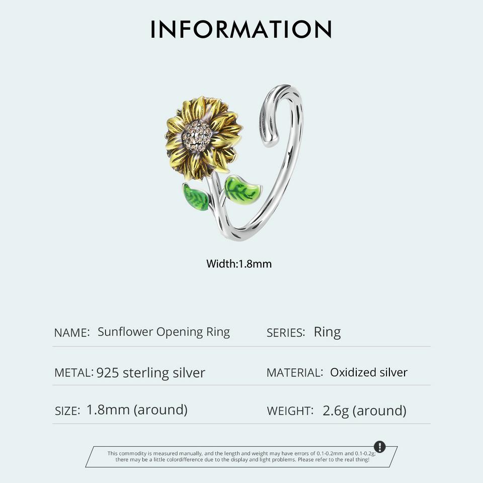 WOSTU Anéis clássicos de abertura de girassol para mulheres, prata esterlina 925, pintura a óleo, flor, zircônia, declaração, presente de festa