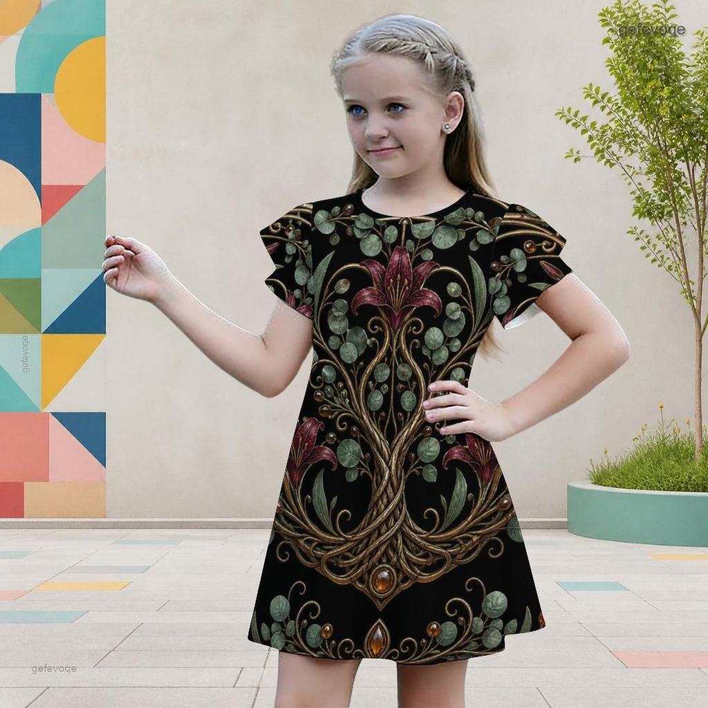 Girls Round Neck Flutter Sleeve Black Tree Floral Printed A Line Flared Dress