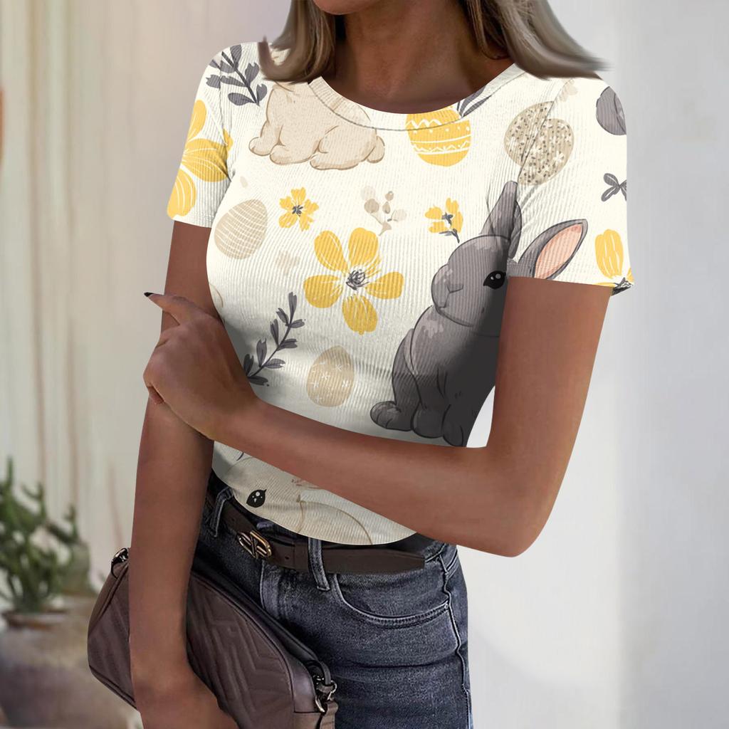 Dámský ležérní módní kulatý výstřih s velikonočním potiskem, krátký rukáv, žebrovaný top