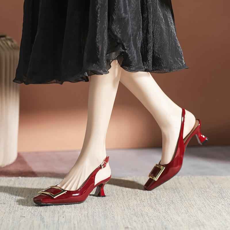 French Niche Baotou Sandals 2025 New Summer Patent Leather Square Head Empty Single Shoes Square Buckle High Heels Stiletto